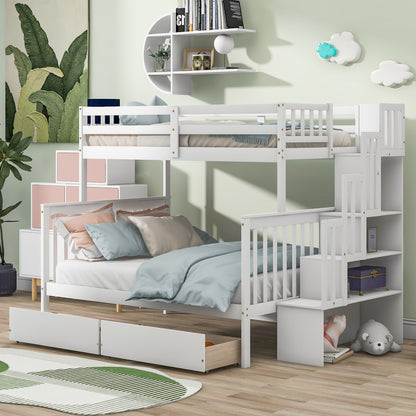 Twin Over Full Bunk Bed with 2 Drawers and Staircases, Convertible into 2 Beds, the Bunk Bed with Staircase and Safety Rails for Kids, Teens, Adults, White