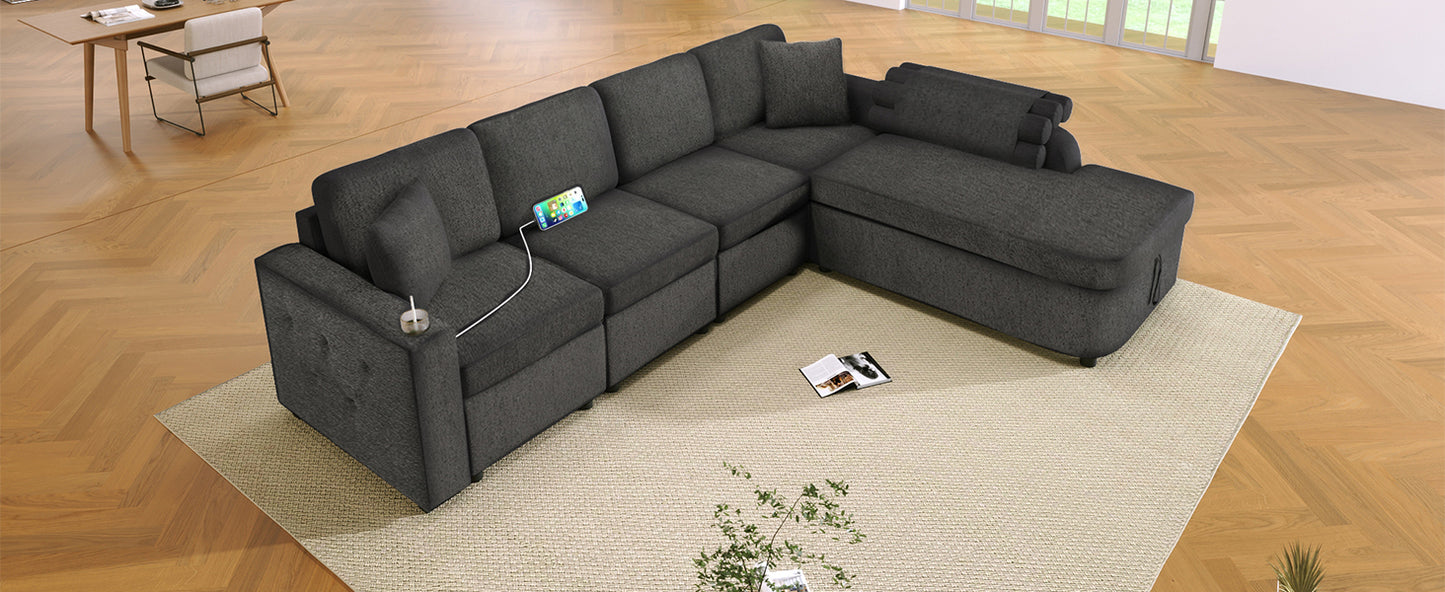 109.8"L-shaped Couch Sectional Sofa with Storage Chaise,Cup Holder and USB Ports for Living Room, Black