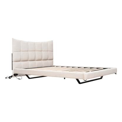 Full Size Upholstered Platform Bed with LED Lights,USB Ports and Outlets,Linen Fabric,Beige