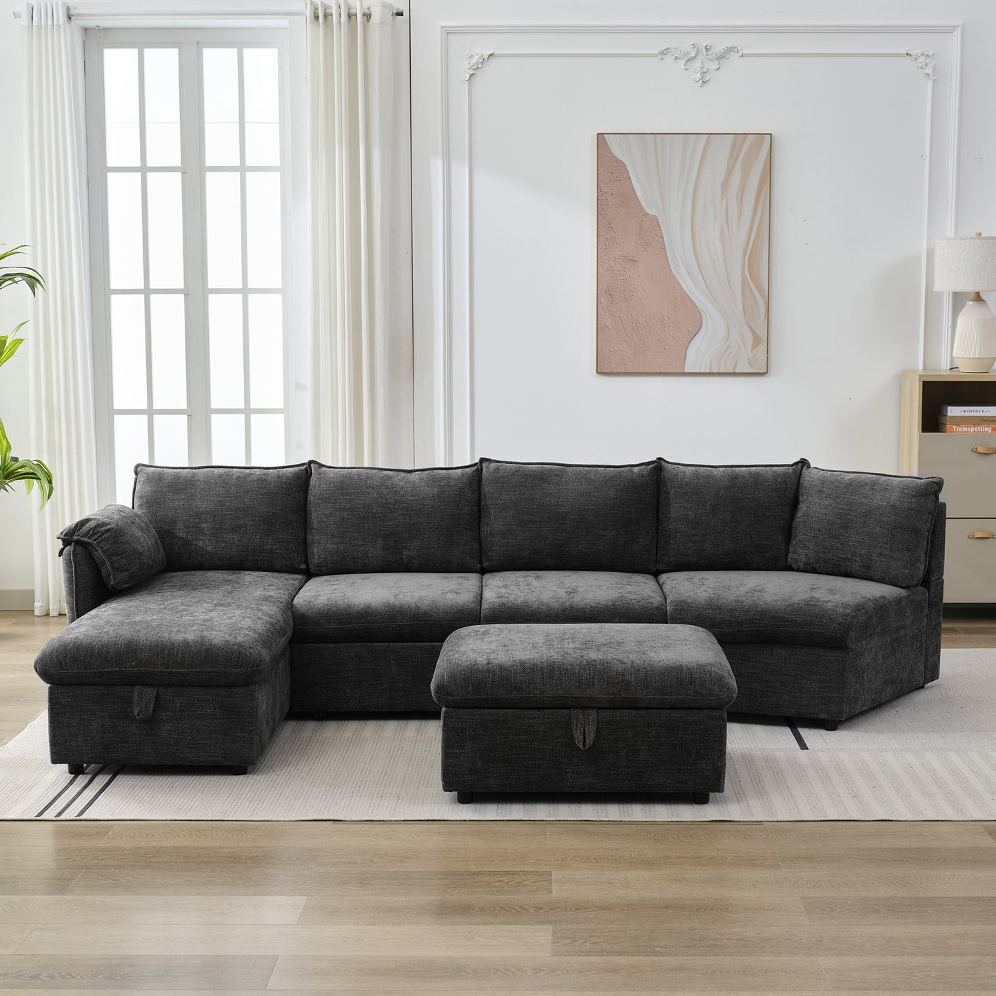 146.9" L-shaped Sofa Sectional Sofa Couch Pull-out Sofa Bed with a Movable Storage Ottoman, a Storage Chaise Lounge and Two USB Ports for Living Room, Grey