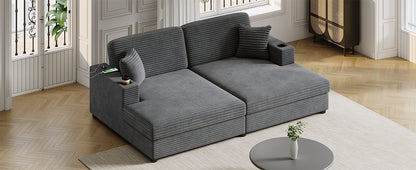 86.5" Oversized Loveseat Chaise Lounge Sectional Sofa Bed Corduroy Sleeper Sofa with Two USB Ports , Two Cup Holders and Two Throw Pillows for Living Room and Bedroom, Dark Gray