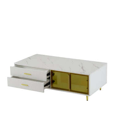 Modern White Coffee Table with 2 Glass Door Storage, 4 Drawers, Gold Metal Legs, and Multi-Color Lighting in 47.2''