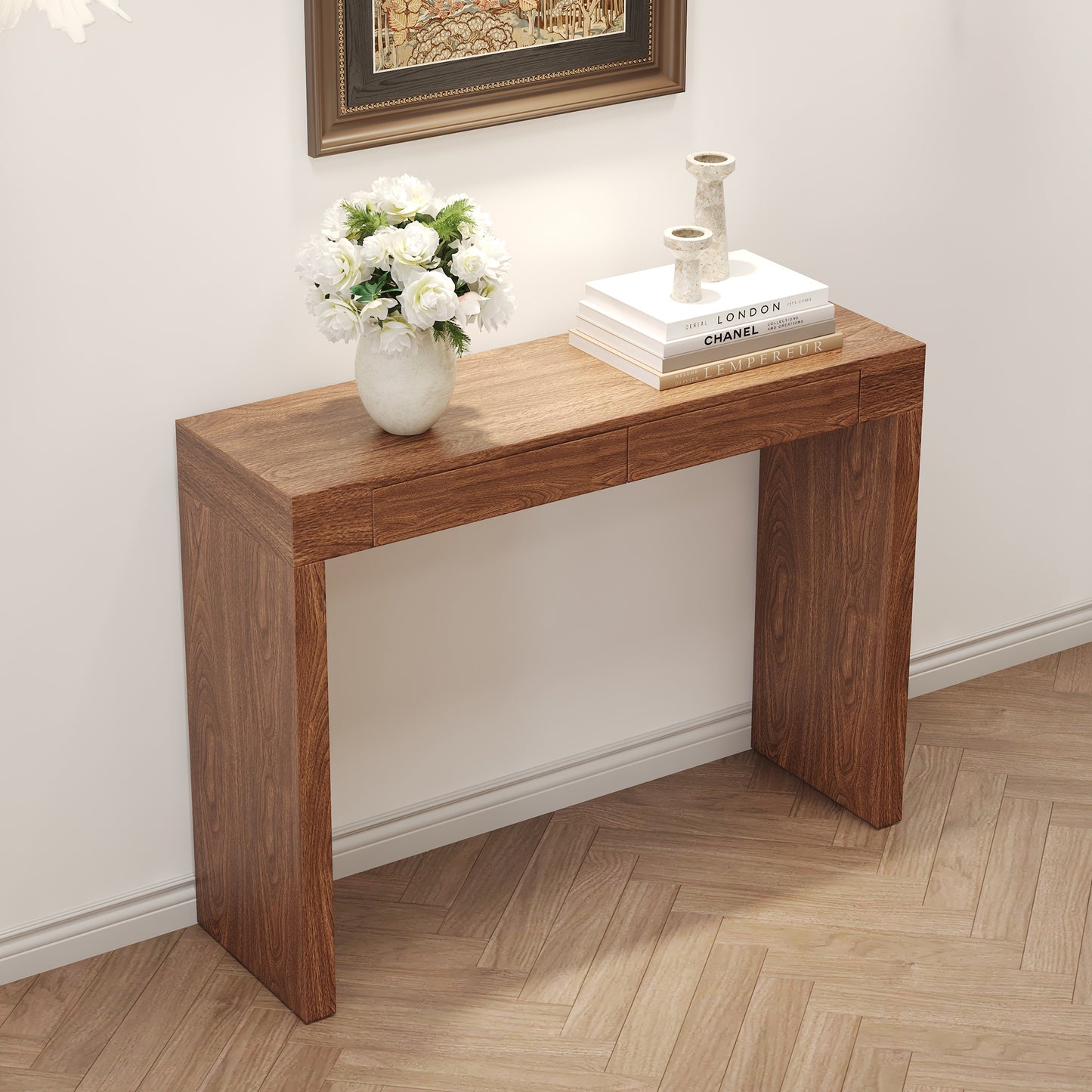 Elegant Dark Wood Grain Bar Table-50 Inches Long, a Practical Choice for Modern Homes.Dark Wood Grain Texture Sticker,Equipped With Two Drawers.Serving As A Bar Table Or A Desk.