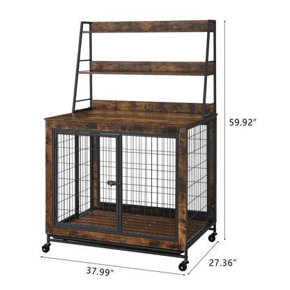 Furniture type dog cage iron frame door with cabinet, two door design, Rustic Brown,37.99"WX27.36"DX59.92"H