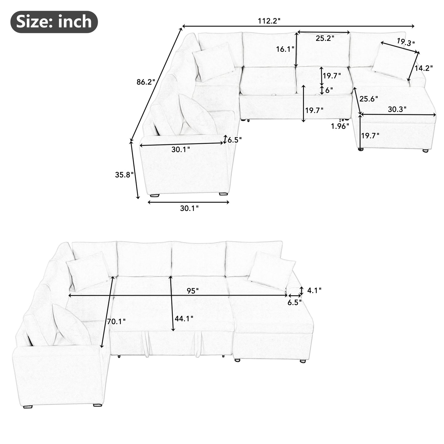 112.2" Sectional Sofa Pull-out Sofa Bed Sleeper with a Storage Ottoman,Three Pillows and Charging Devices for Living Room, Cream