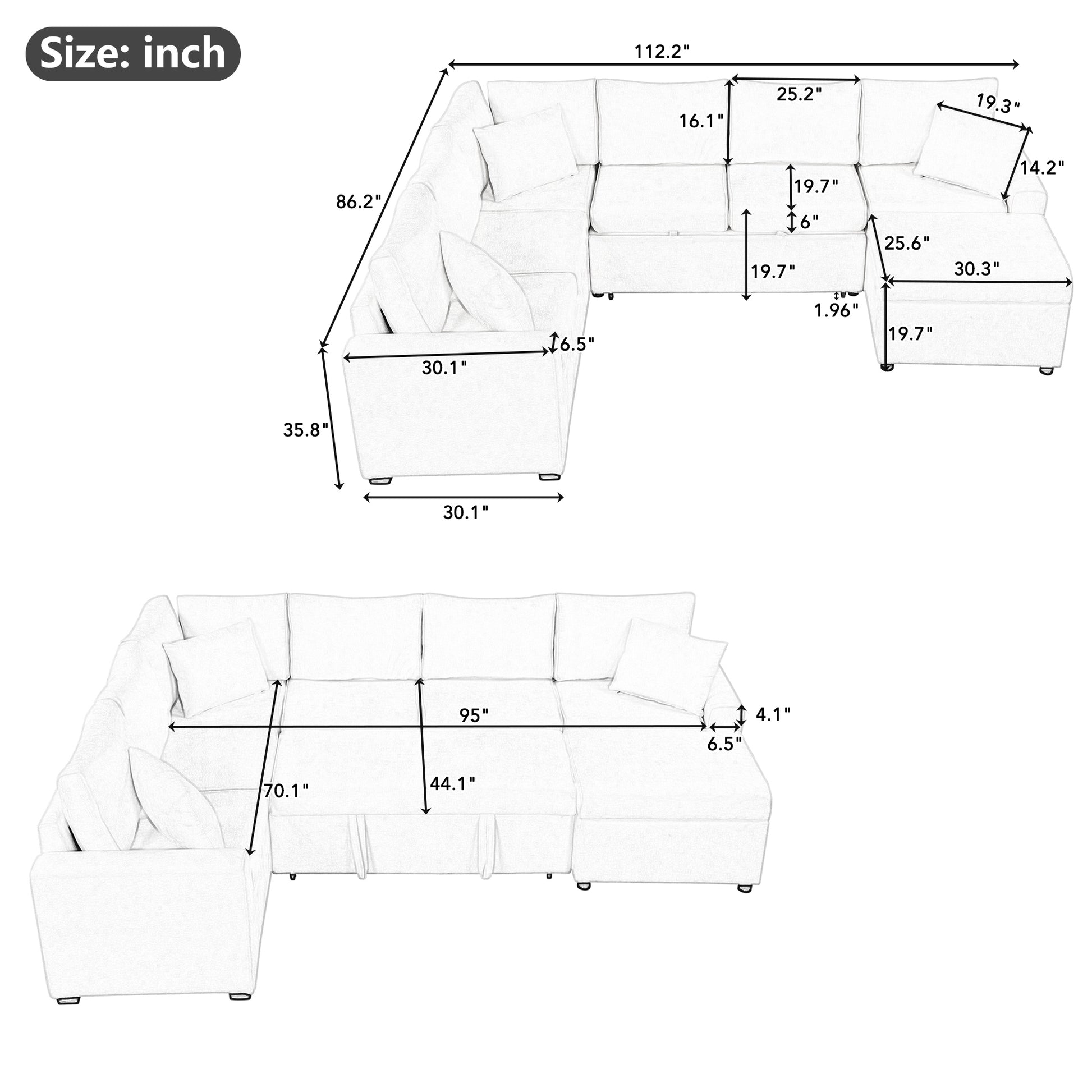 112.2" Sectional Sofa Pull-out Sofa Bed Sleeper with a Storage Ottoman,Three Pillows and Charging Devices for Living Room, Cream