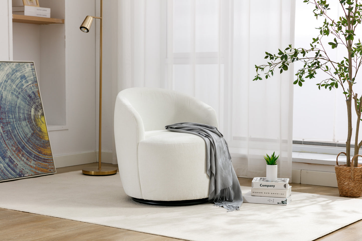 Chenille Fabric Swivel Accent Armchair Barrel Chair With Black Powder Coating Metal Ring,Ivory