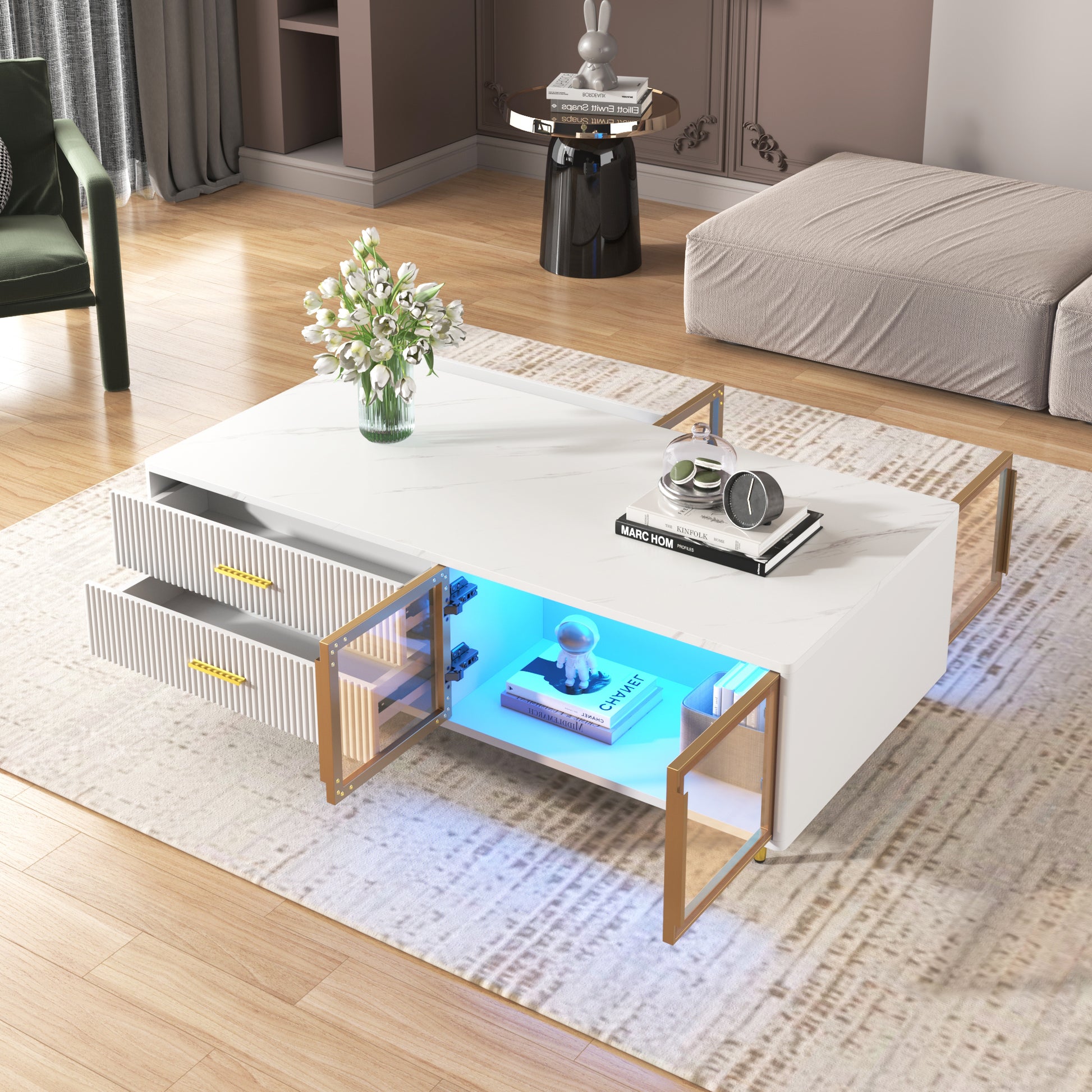 Modern White Coffee Table with 2 Glass Door Storage, 4 Drawers, Gold Metal Legs, and Multi-Color Lighting in 47.2''