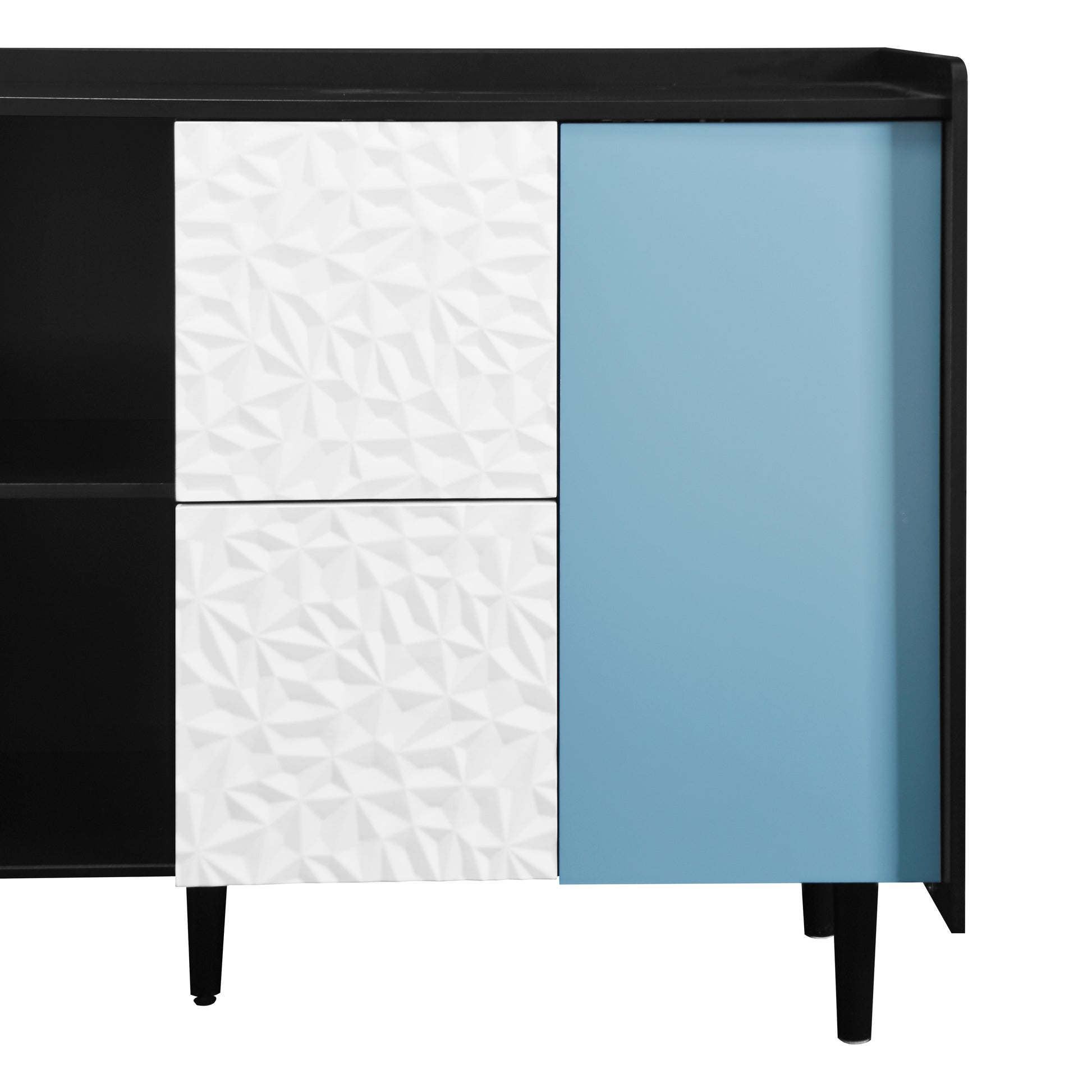 Sideboard Buffet Cabinet, Black Storage Cabinet with Blue Doors , 2 Drawers with unique panel styling and 2 Open Storage Compartment, Modern Coffee Bar Cabinet Accent Cabinet for Kitchen, Dining Room,