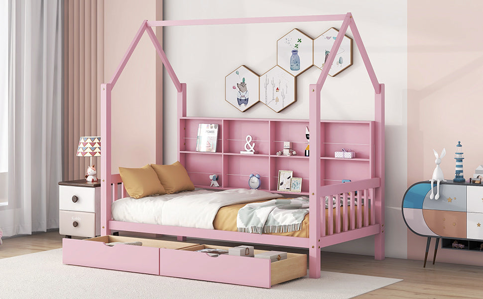 Wooden Twin Size House Bed with 2 Drawers,Kids Bed with Storage Shelf, Pink