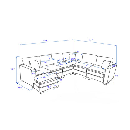 Modern U Shaped 6-seat Sectional Sofa Couch with one Ottoman and three toss pillows ,Modular Sofa for Living Room,Corduroy sofa