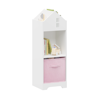 Kids Dollhouse Bookcase with Storage, 2-Tier Storage Display Organizer, Toddler Bookshelf with Collapsible Fabric Drawers for Bedroom or Playroom (White/Pink)