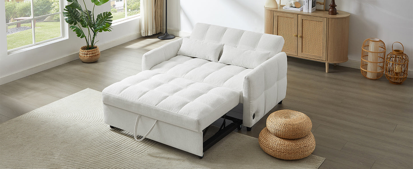 52.8" Loveseat Sofa Pull-out Sofa Bed Tufted Sleeper Sofa with an Adjustable Backrest, Three USB Ports and Two Lumbar Pillows for Living Room, Beige