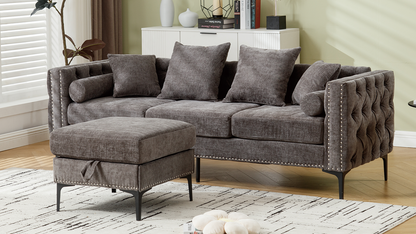 [NEW ARRIVED] [VIDEO PROVIDED]L Shaped Sectional Sofa , Convertible Storage Ottoman,Chenille ,Square Arm,  Modern Tufted Couch ,3 Seater, And Nailhead, Dark gray