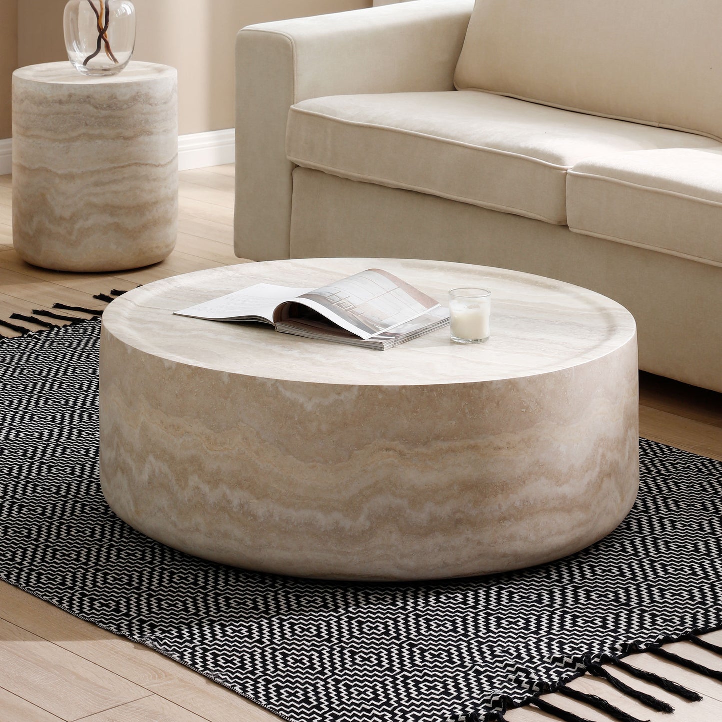 35.43'' Faux MARS Pattern Coffee Tables for Living Room Round Tea Faux Travertine Textured  table for Living Room, No Need Assembly.