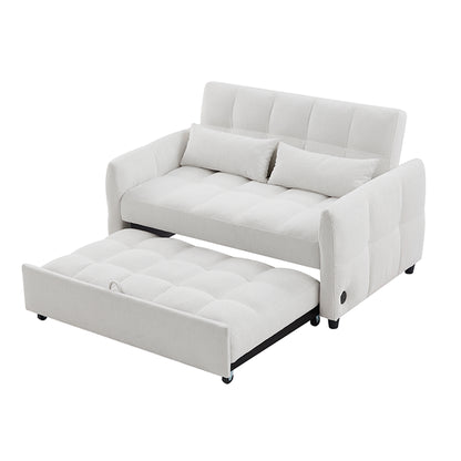 52.8" Loveseat Sofa Pull-out Sofa Bed Tufted Sleeper Sofa with an Adjustable Backrest, Three USB Ports and Two Lumbar Pillows for Living Room, Beige