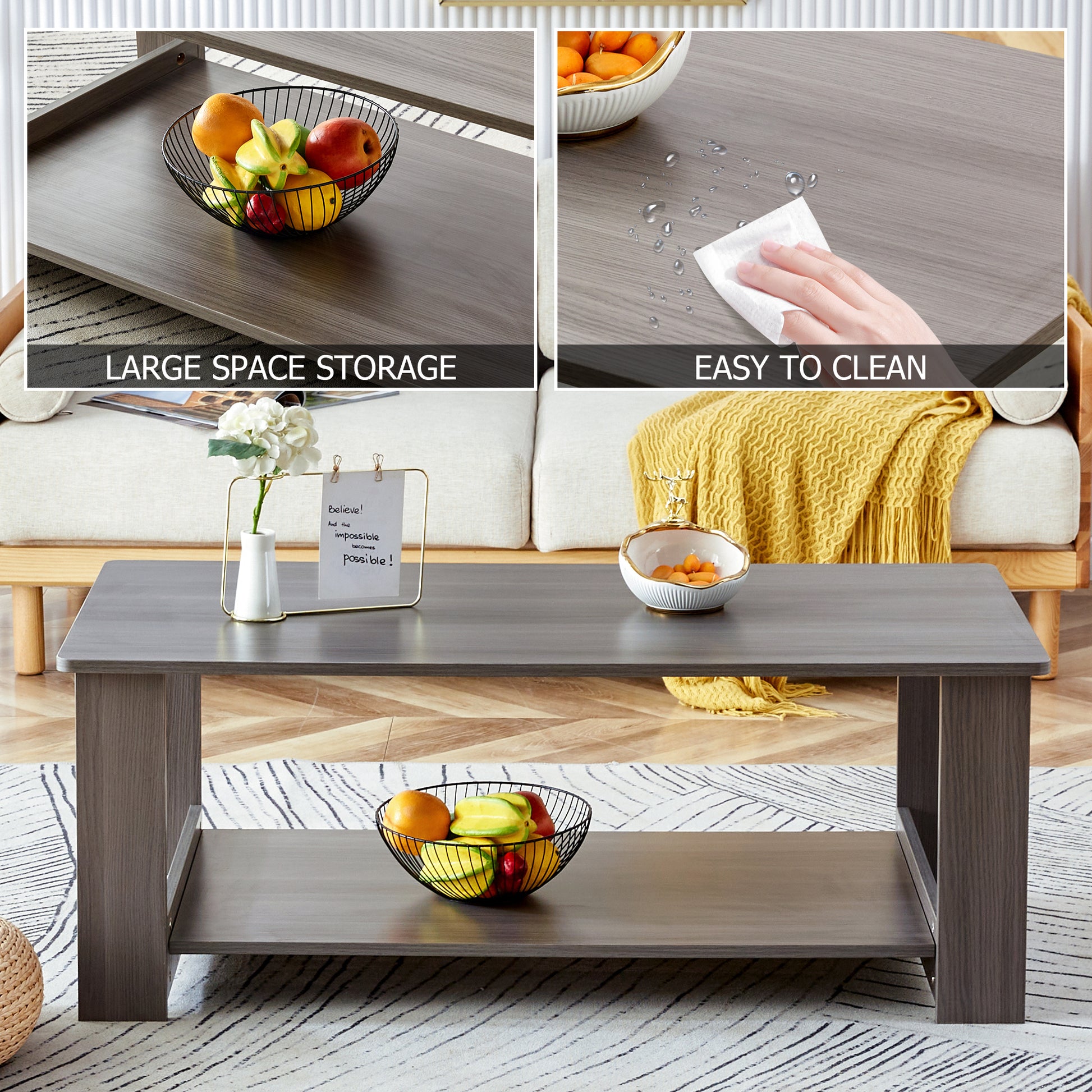 A modern and practical gray textured coffee table,tea table.Double layered coffee table made of MDF material,. Suitable for living room,bedroom and study room. 43.3"*21.6"*16.5"   CT-16