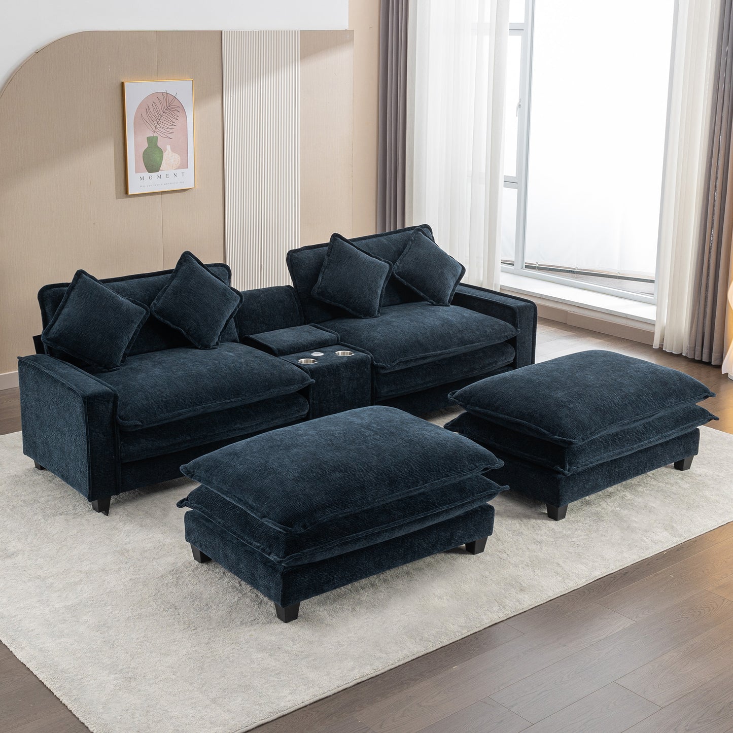 112.6" Sectional Sofa Chenille Upholstered Sofa with Two Removable Ottoman, Two USB Ports, Two Cup Holders and Large Storage Box for Living Room, Blue