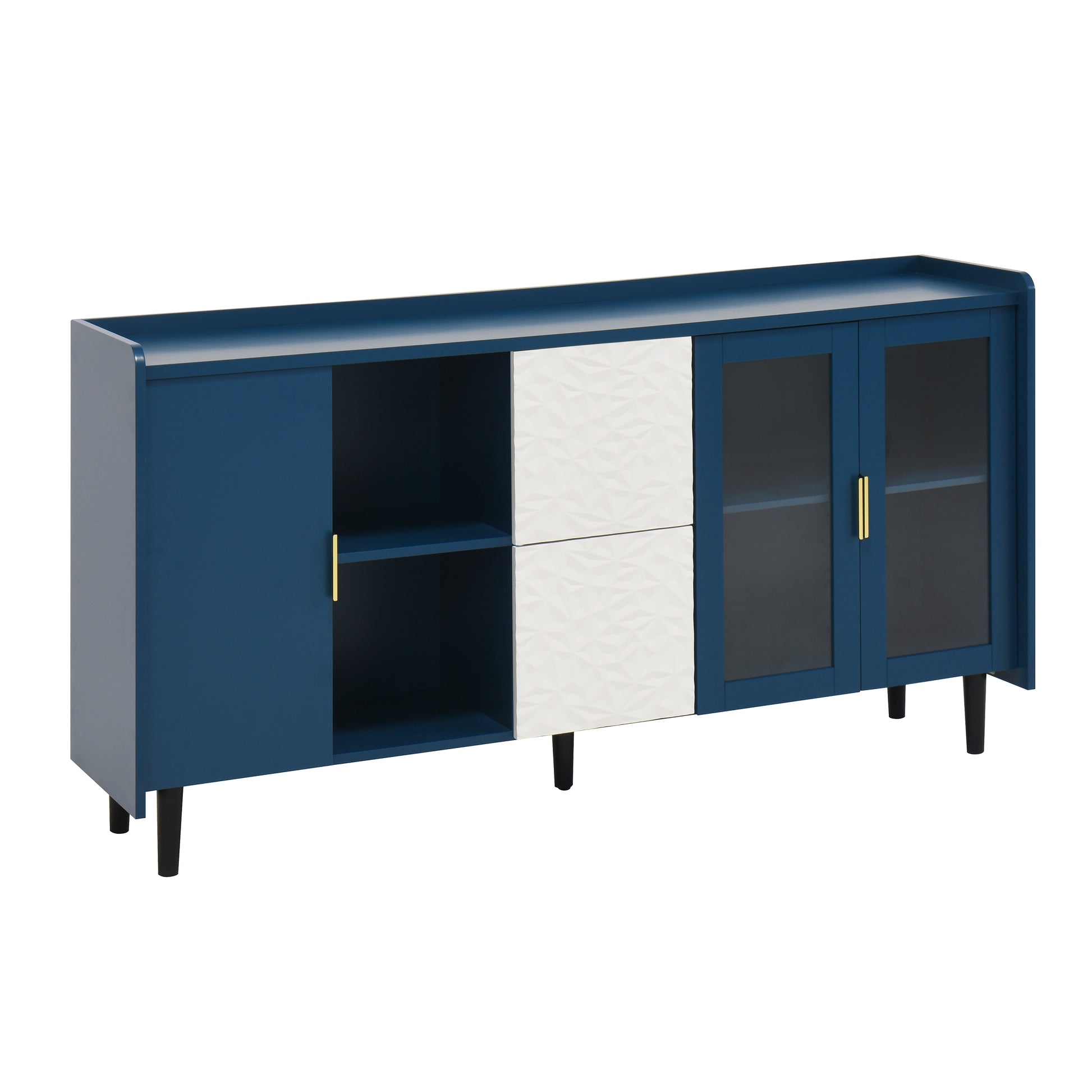 Modern Kitchen Pantry Storage Cabinet , 55" Coffee Bar Storage Cabinet with 2 Drawers, 2 Open Storage Compartment & 2 Glass Doors, Wood Buffet Table for Kitchen, Living Room, Blue