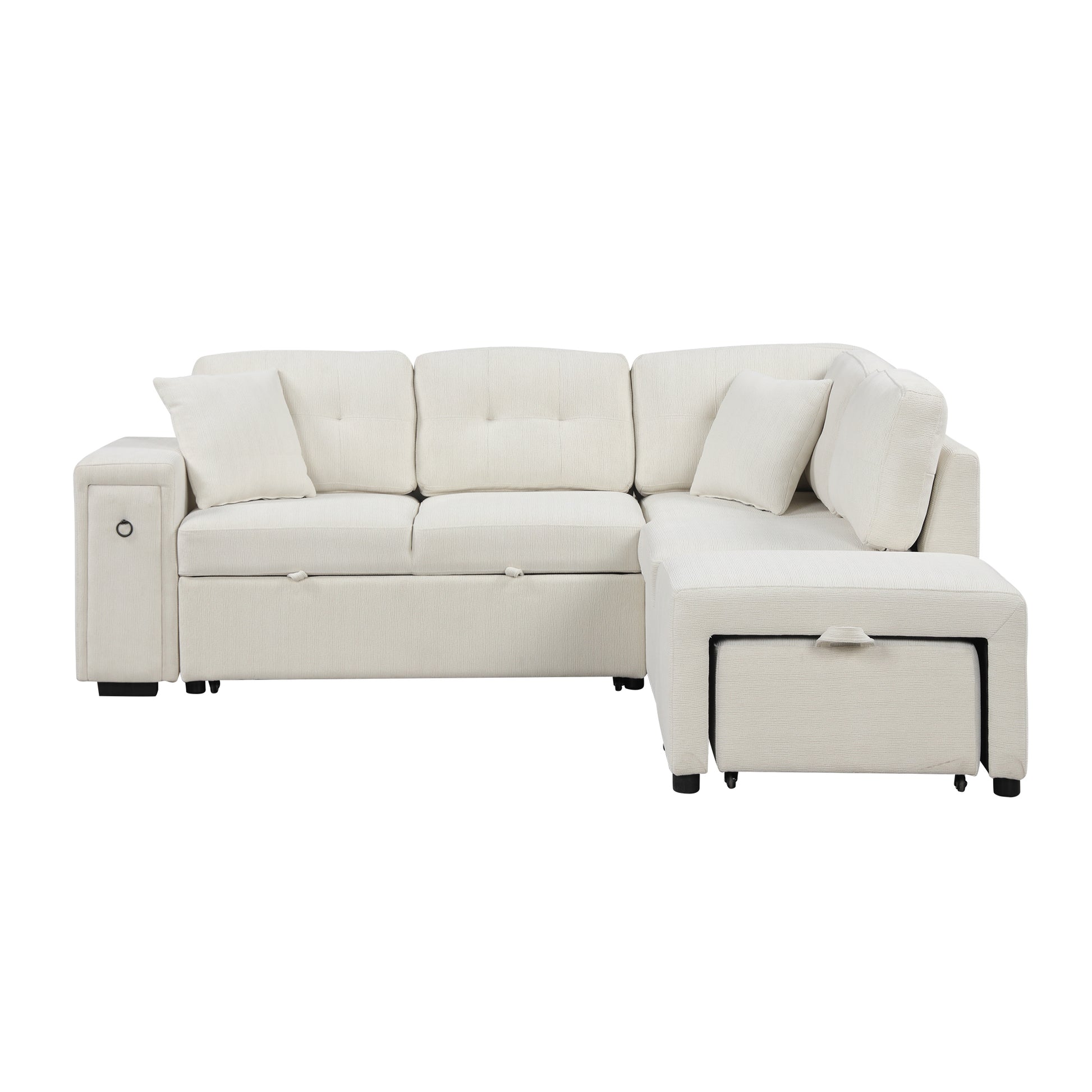 86.6" Sectional Sofa L-shaped Sofa Couch Pull-out Sofa Bed with a Movable Ottoman, Two USB Ports  and Two Cup Holders for Living Room, Beige