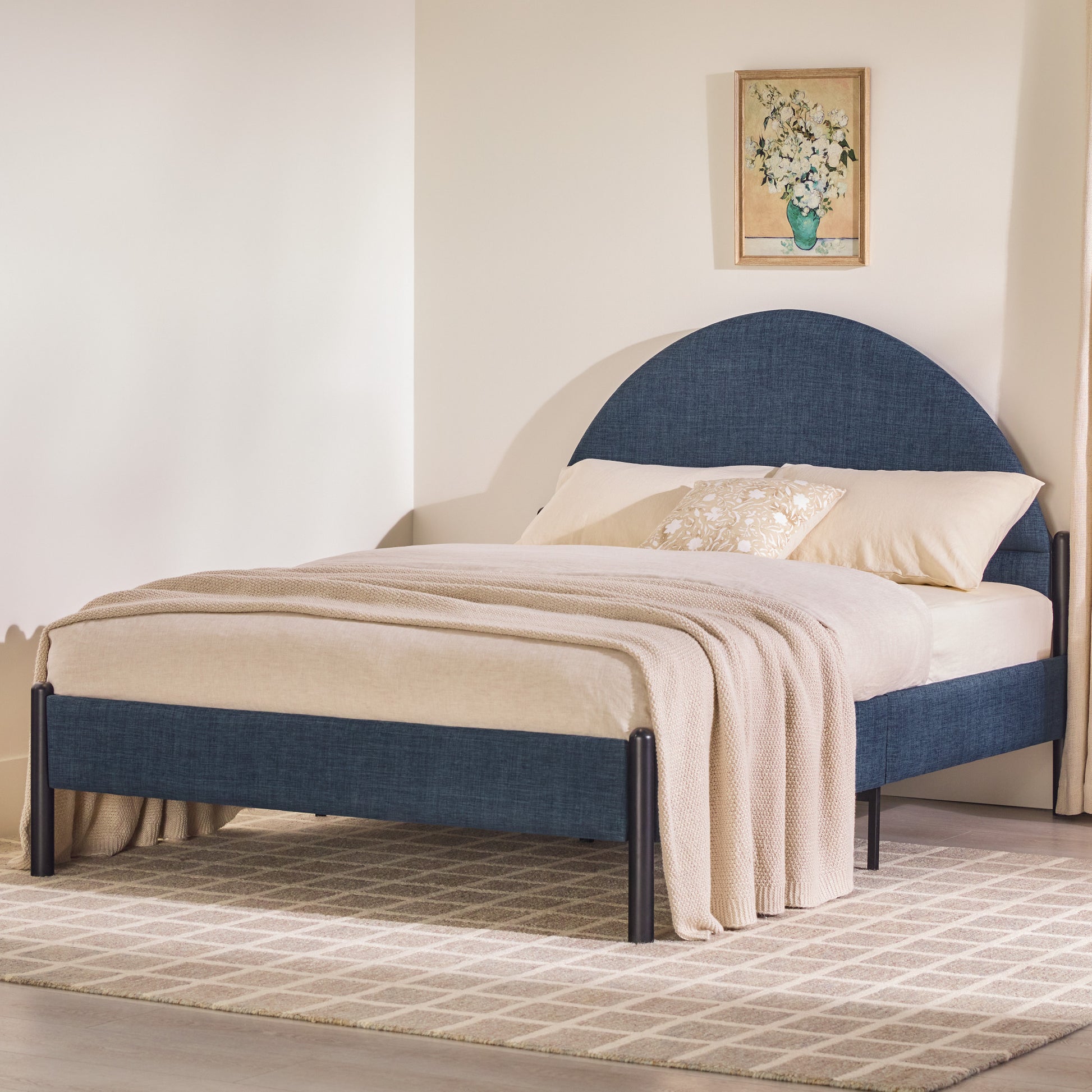 Modern Upholstered Curved Headboard Queen Bedframe – Blue