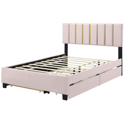 Queen Size Upholstered Platform Bed with 2 Drawers and 1  Trundle, Classic Metal Strip Headboard Design, Pink