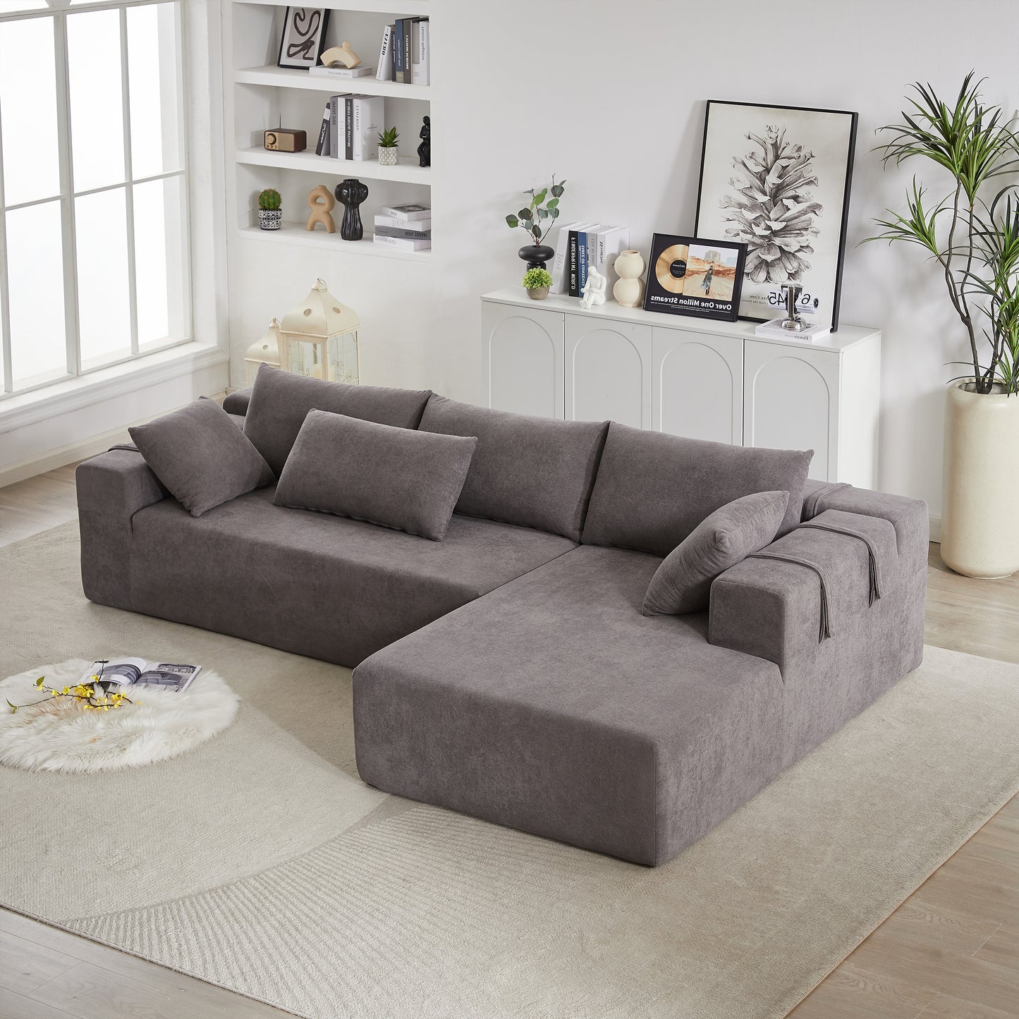 Modern Chenille Upholstered Sectional Sofa Couch Set,Modular 108" L Shaped Sectional Living Room Sofa Set With 6 Pillows,Free Combination Sofa Couch for Living Room,Bedroom(Right Chaise)