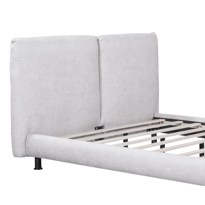 Queen Size Upholstered Platform Bed with Two Large Headrests and Thick Fabric, Polyester, Beige