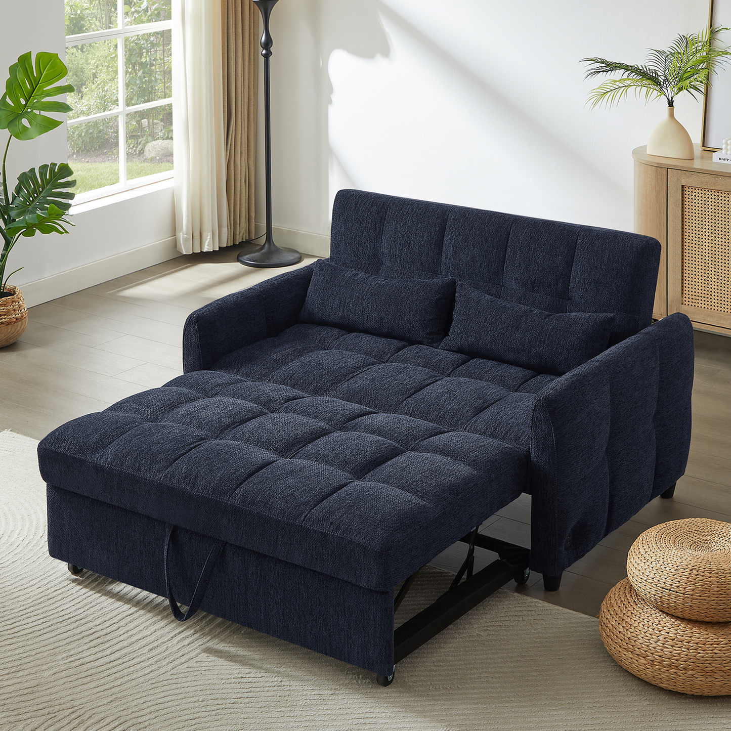 52.8" Loveseat Sofa Pull-out Sofa Bed Tufted Sleeper Sofa with an Adjustable Backrest, Three USB Ports and Two Lumbar Pillows for Living Room, Blue