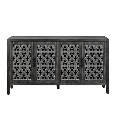 Hollow Four Door Antique Cabinet, American Country Style, Suitable for Living Room, TV Cabinet, Kitchen (Antique Black)