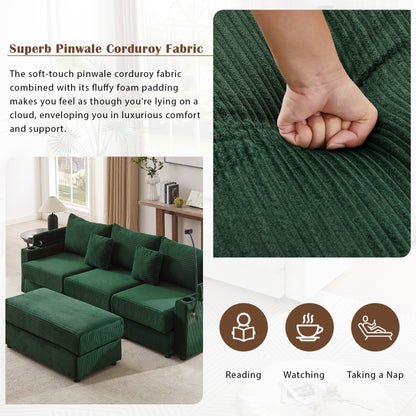 95.3" Modern Style 3-Seater Sofa Sectional Sofa Couch with Storage Space, A Movable Ottoman, Two USB Ports, Two Cup Holders, A Phone Holder for Living Room, Green