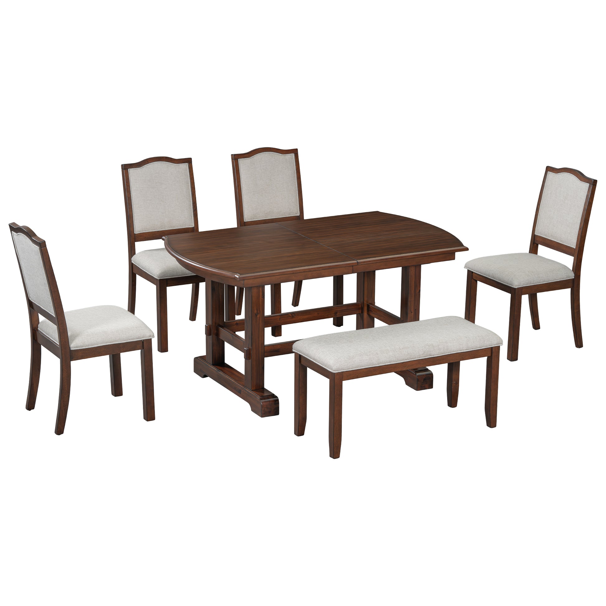 6-Piece Dining Table Set, 60inch to 78inch Extendable Wood Dining Table with Removable Leaf, Kitchen Table Set with 4 Upholstered Side Chair and Bench, Dining Table Set for 6 (Cherry)