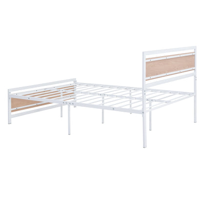 Full Size Platform Bed, Metal and Wood Bed Frame with Headboard and Footboard , White