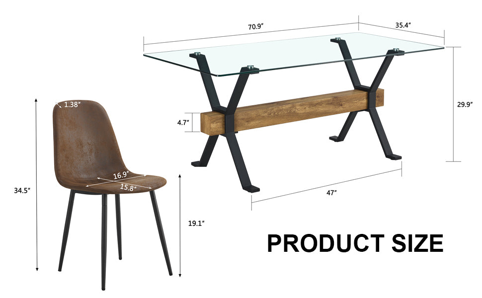 Dining table. Modern tempered glass dining table. Large modern office desk with black metal legs and MDF crossbars, suitable for home and office use. 4 high-end cushioned seats.F1105  B0501A