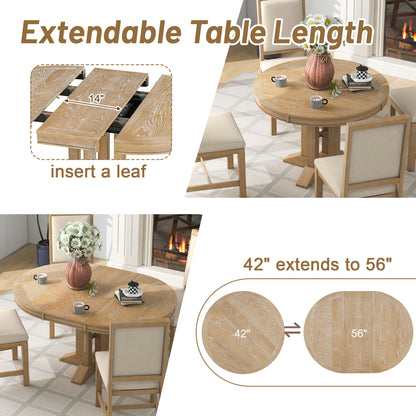 TREXM 5-Piece Dining Set Extendable Round Table and 4 Upholstered Chairs Farmhouse Dining Set for Kitchen, Dining Room(Natural Wood Wash)