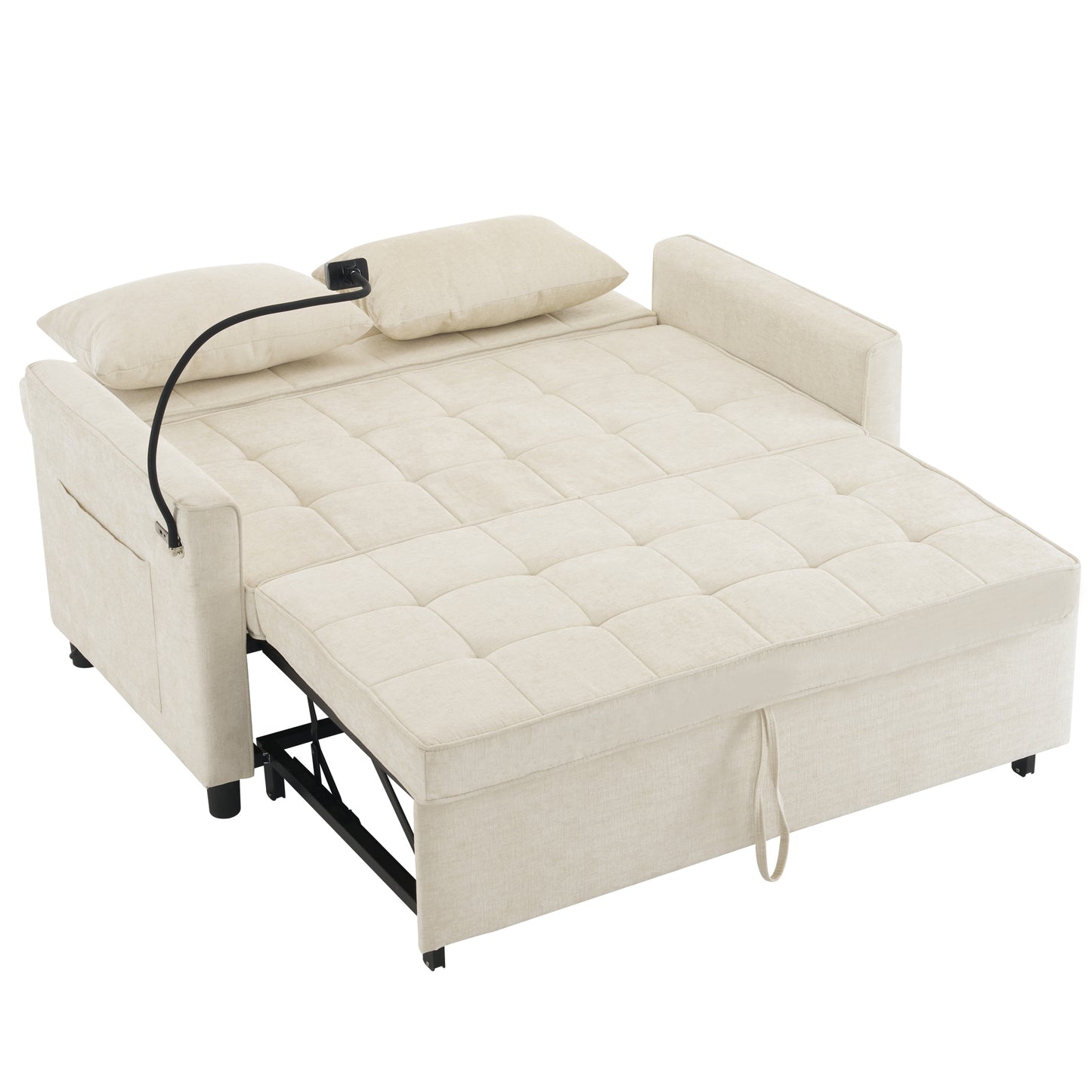 56.9" Loveseat Sofa Pull-out Sofa Bed Sleeper Sofa with a Reversible Backrest Cushion, Side Pockets, Two USB Ports and a Phone Holder for Living Room, Beige