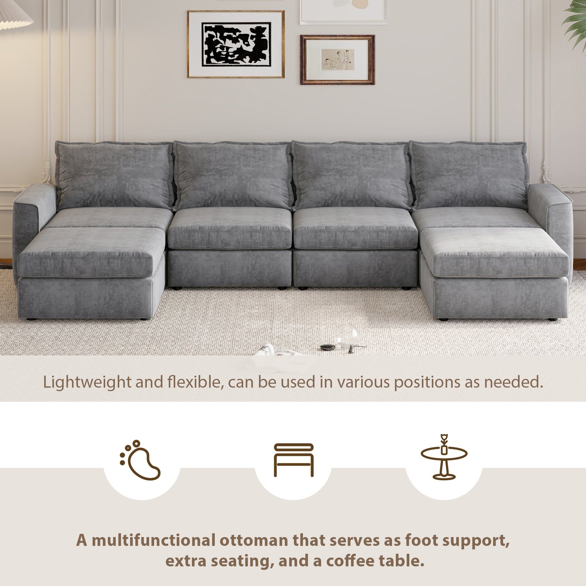 [VIDEO provided][New]115*58" Chenille Modular Sectional Sofa,U Shaped Reversible Couch,Free Combination,6 Seat Sleeper Sofa Bed with Ottoman,Convertible Oversized Indoor Furniture for Living Room,Gray