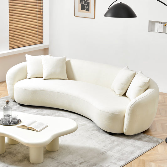 Half Moon White Mid-Century Modern Curved Sofa, Cozy Teddy Fabric Couch, 101" Upholstered w/ 4 Throw Pillows for Living Room