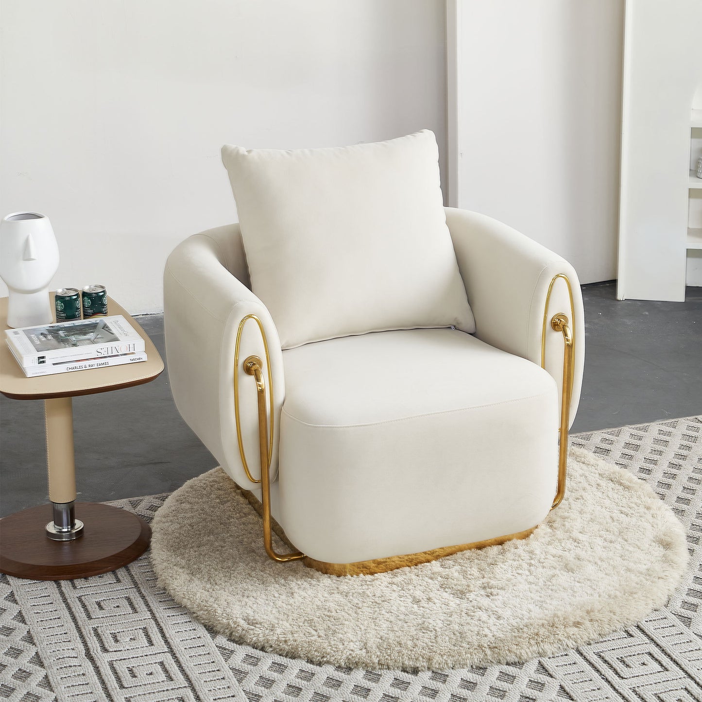 35.83'' W Luxury Modern Single Chair,Accent Chair,Arm Chair for Living Room,Bedroom,Waiting Room,Stainless Steel frame and base in Gold color,Upholstered Soft Velvet Beige Color