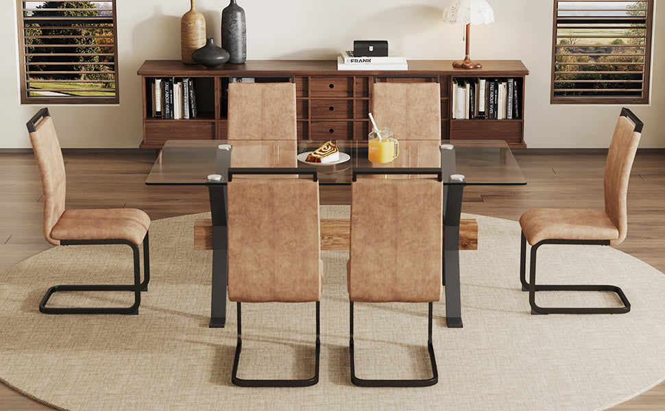 Dining table. Modern tempered glass dining table. Large modern office desk with black metal legs and MDF crossbars, suitable for home and office use. 6 high-end cushioned seats.F1105 C-1162