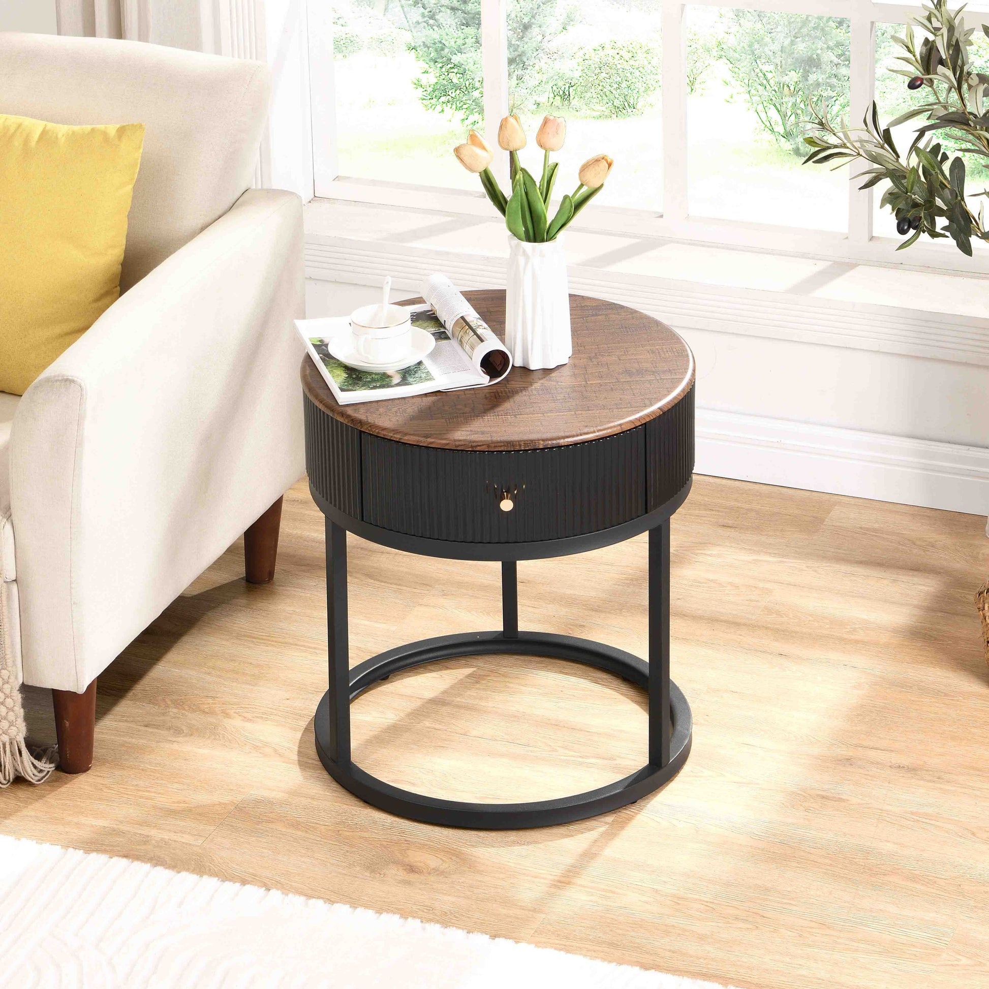 Round Nightstand with Drawer, 19.68 Inch Wood End Table with Storage, Small Table or Living Room, Bedroom and Small Spaces