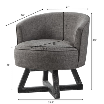 Swivel chair with cross-shaped wooden base,Lounge chair with solid wood legs, 360°freely Swivel chair ,  Classic linen Fabric for living room, bedroom, office, dresser -Dark Gray