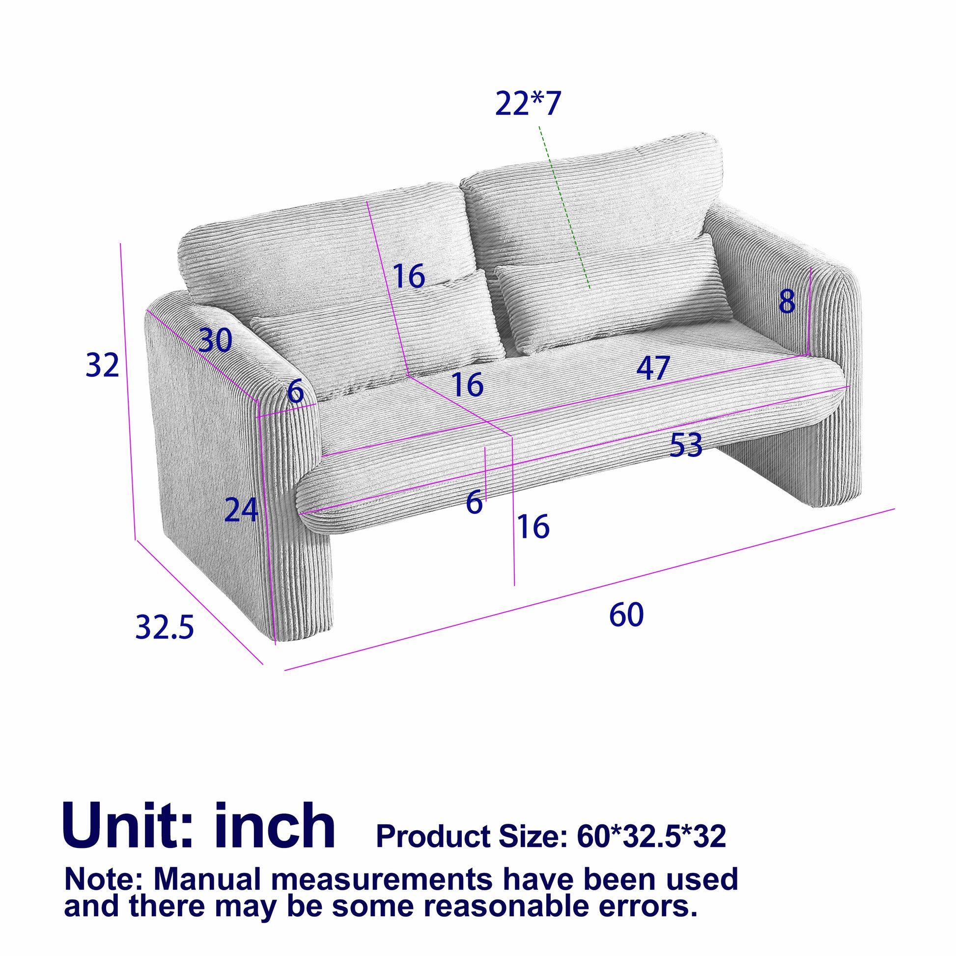 60"Corduroy Fabric Loveseat Sofa with 60"Loveseat Sofa, Modern  Sofa with Support Pillow, for Apartment, Office, Living Room & Bedroom