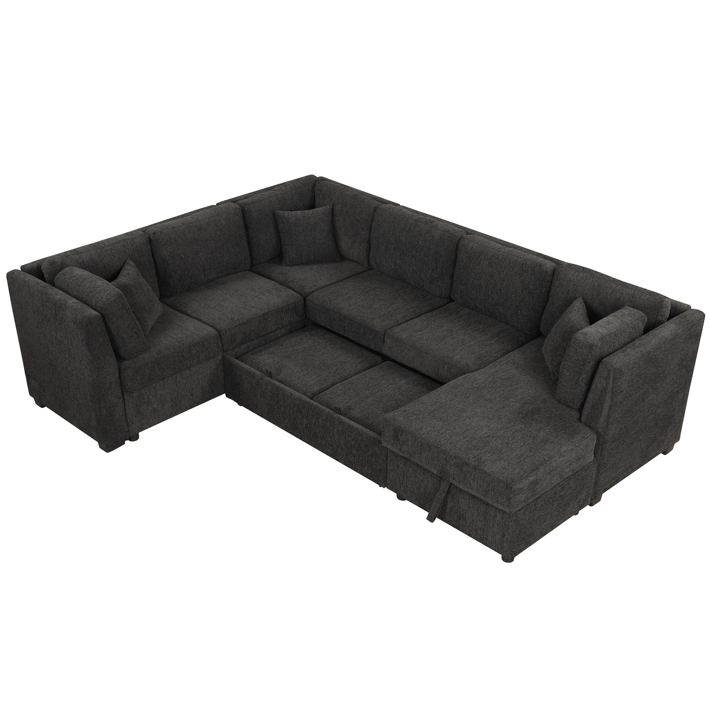 108.6" U-shaped Sectional Sofa Pull out Sofa Bed with Two USB Ports, Two Power Sockets, Three Back Pillows and a Storage Chaise for Living Room, Black