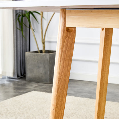 Table and chair set. White sintered stone tabletop, rubberwood legs, foldable computer desk, foldable desk. Solid wood dining chair with small curved backrest and PU cushions. ZD-1545 DX-2361