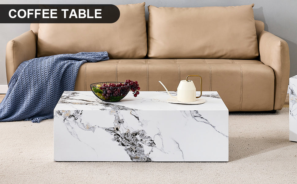 Modern MDF Coffee Table with Marble Pattern - 39.37x23.62x11.81 inches - Stylish and Durable Design W1151119518