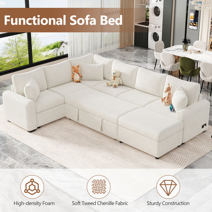 112.2" Sectional Sofa Pull-out Sofa Bed Sleeper with a Storage Ottoman,Three Pillows and Charging Devices for Living Room, Cream