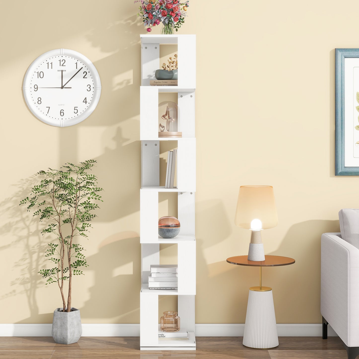 6 tier Rotating Bookshelf, Floor Rack Simple Bookcase  with Acrylic plate Student Multi-Function Creative Bookshelf for Living Room