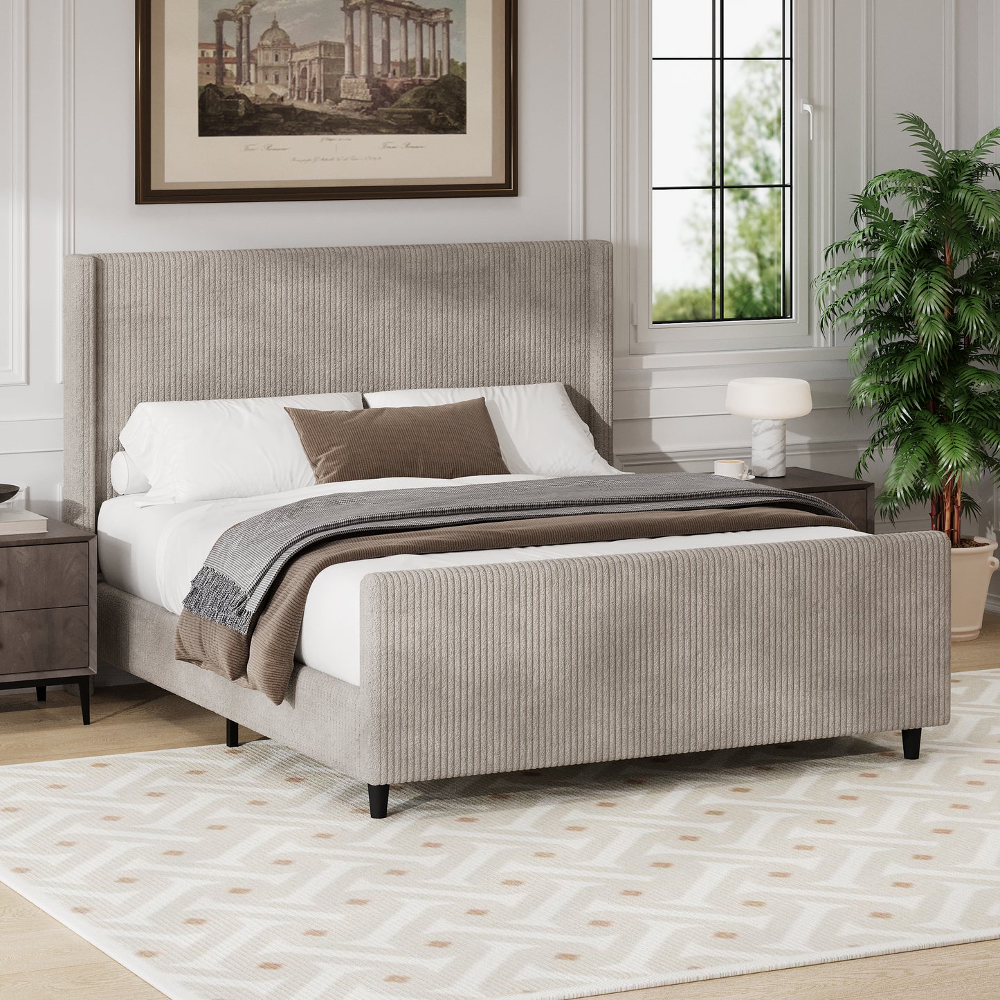 50.7'' High Headboard Corduroy Upholstered Bed Frame with Vertical Stripe Wingback and High Footboard No Box Spring Needed, king Size, Taupe