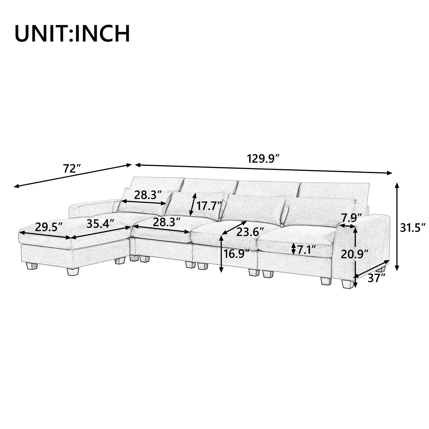 U_Style Modern Large L-Shape Feather Filled Sectional Sofa,  Convertible Sofa Couch with Reversible Chaise for Living Room